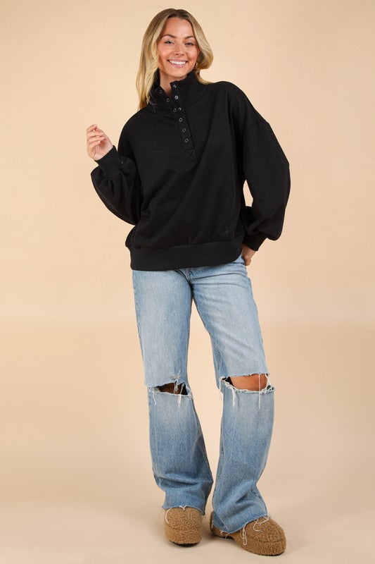 Balloon Sleeve Half Button Down Henley Knit Top