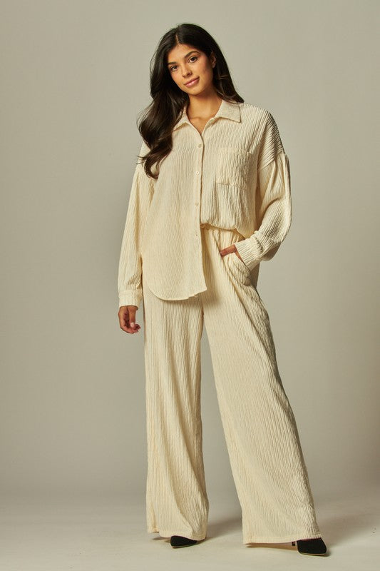 Crinkled Plisse Button Down Shirt Loungewear Set