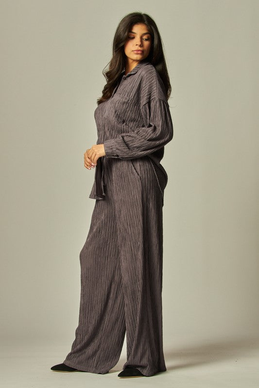 Crinkled Plisse Button Down Shirt Loungewear Set