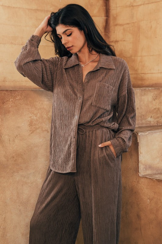 Crinkled Plisse Button Down Shirt Loungewear Set