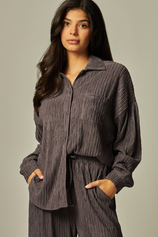 Crinkled Plisse Button Down Shirt Loungewear Set