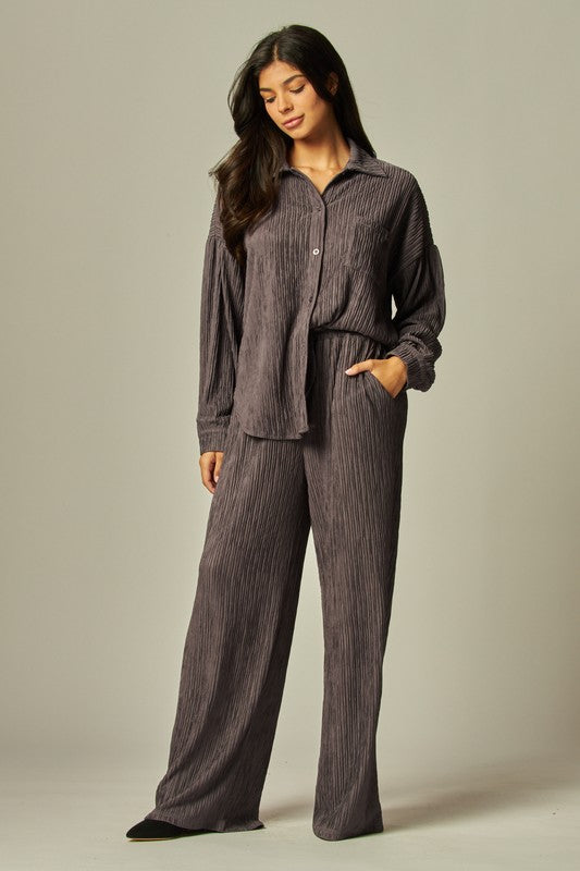 Crinkled Plisse Button Down Shirt Loungewear Set
