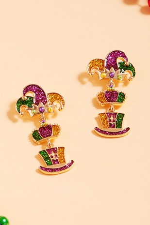 Mardi Gras Glittered Enamel Dangle Earrings