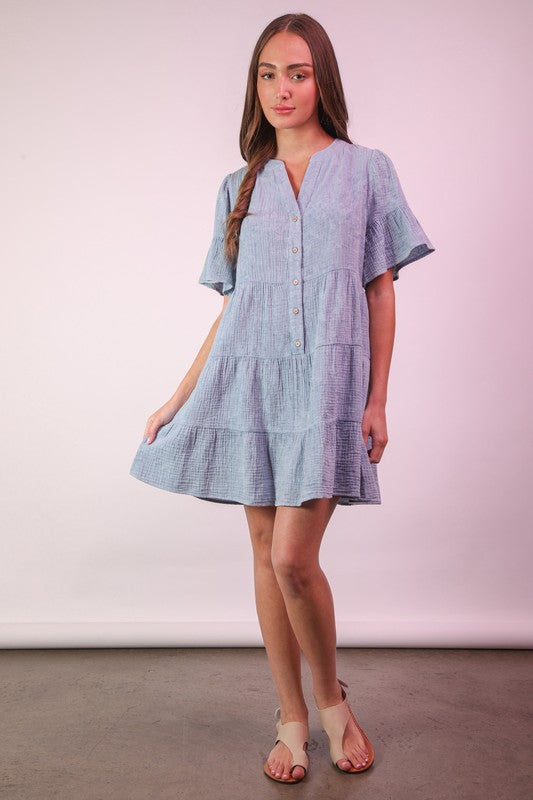 Mineral Washed Baby Bell Sleeve Woven Mini Dress