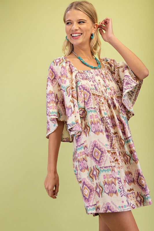 Printed Short Butterfly Sleeve Mini Dress