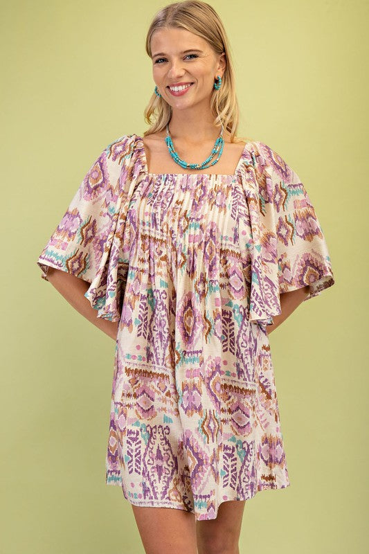 Printed Short Butterfly Sleeve Mini Dress