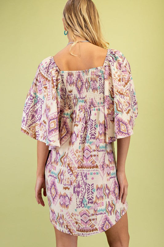 Printed Short Butterfly Sleeve Mini Dress