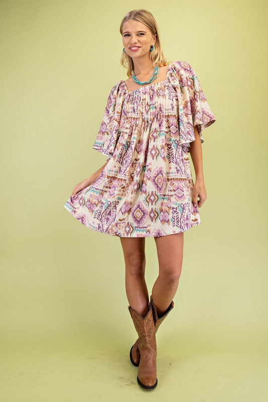 Printed Short Butterfly Sleeve Mini Dress