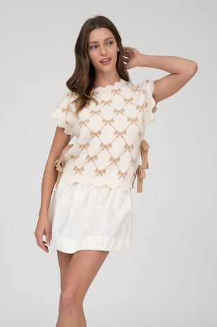 BOW PATTERN SHORT SLEEVE SIDE TIE KNIT PULLOVER