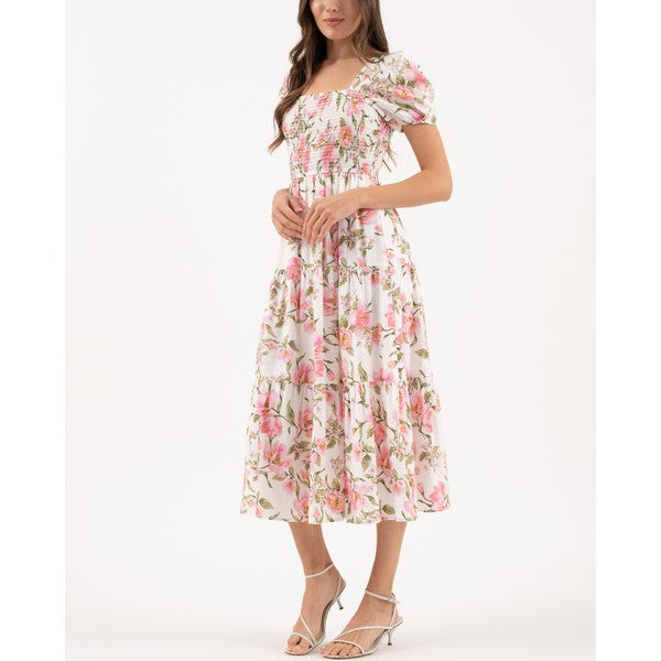 FLORAL SMOCKED BUST SHORT SLEEVE MIDI DRESS
