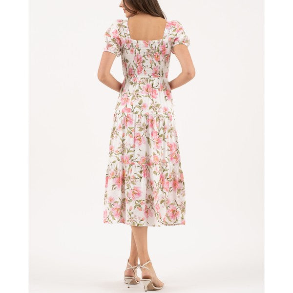FLORAL SMOCKED BUST SHORT SLEEVE MIDI DRESS