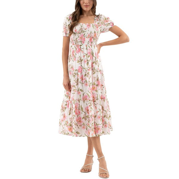 FLORAL SMOCKED BUST SHORT SLEEVE MIDI DRESS
