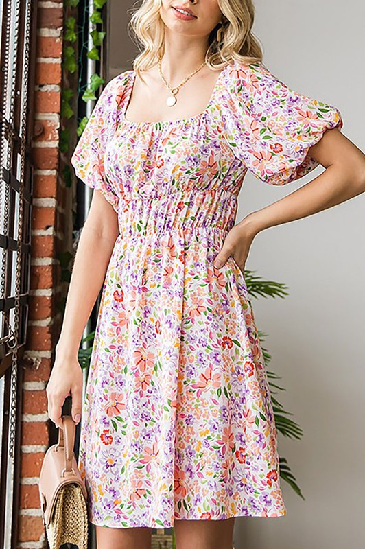 FLORAL PUFF SLEEVE SQUARE NECK BABYDOLL DRESS