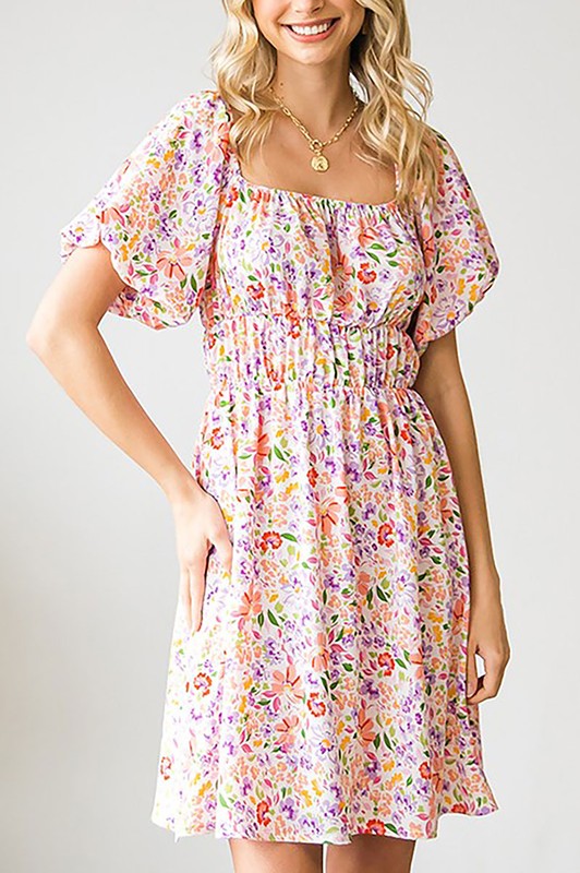 FLORAL PUFF SLEEVE SQUARE NECK BABYDOLL DRESS