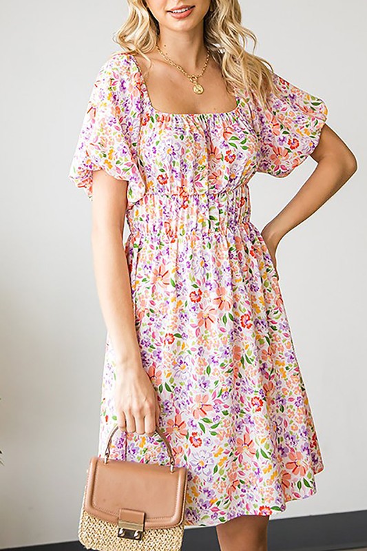 FLORAL PUFF SLEEVE SQUARE NECK BABYDOLL DRESS