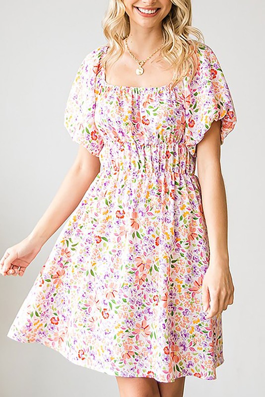 FLORAL PUFF SLEEVE SQUARE NECK BABYDOLL DRESS