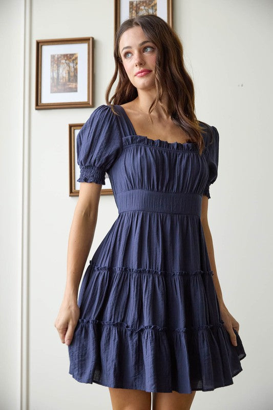 SQUARE NECK SMOCKED DETAIL TIERED MINI DRESS
