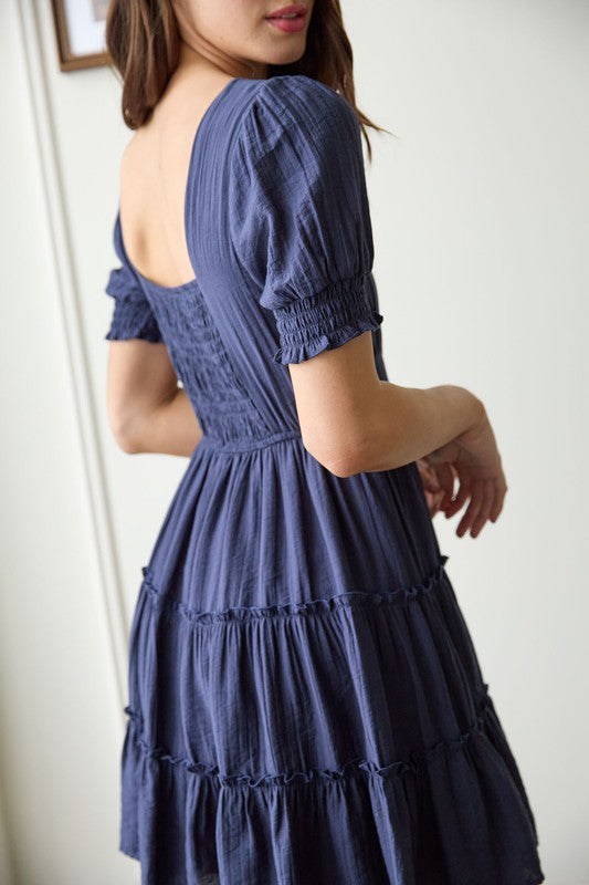 SQUARE NECK SMOCKED DETAIL TIERED MINI DRESS