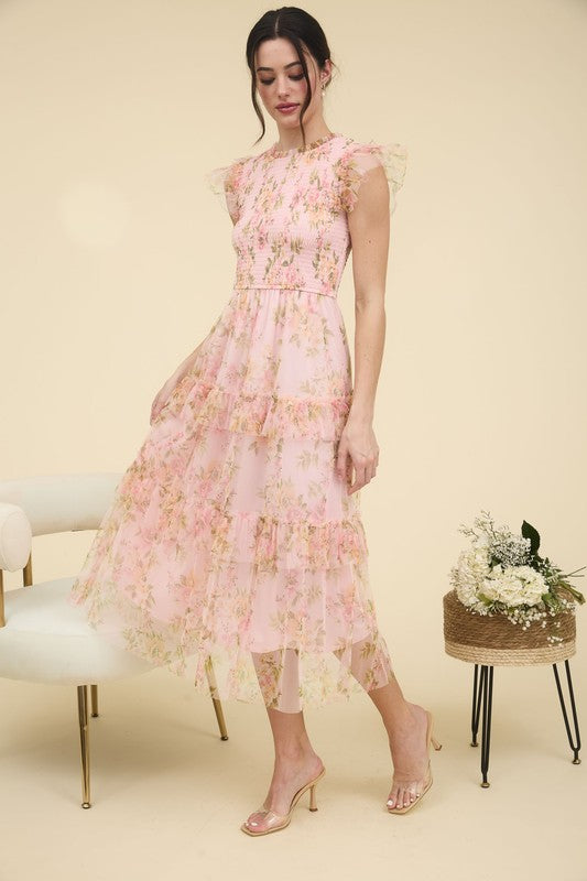 FLORAL SMOCKED RUFFLE DETAIL TIERED MAXI DRESS