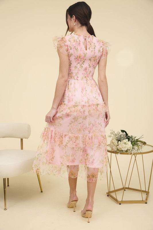 FLORAL SMOCKED RUFFLE DETAIL TIERED MAXI DRESS