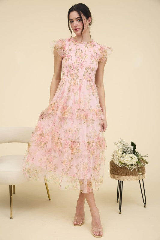 FLORAL SMOCKED RUFFLE DETAIL TIERED MAXI DRESS
