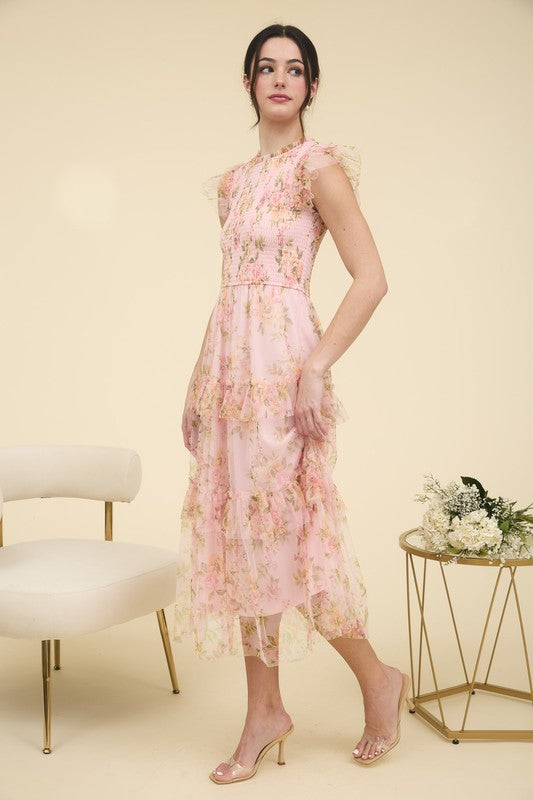 FLORAL SMOCKED RUFFLE DETAIL TIERED MAXI DRESS