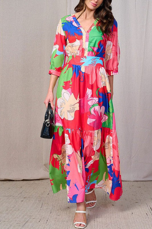 COLD SHOULDER SMOCK WAIST V-NECK LEAF PRINT DRESS