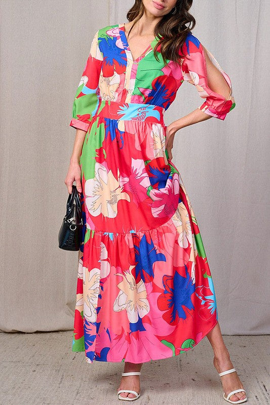 COLD SHOULDER SMOCK WAIST V-NECK LEAF PRINT DRESS