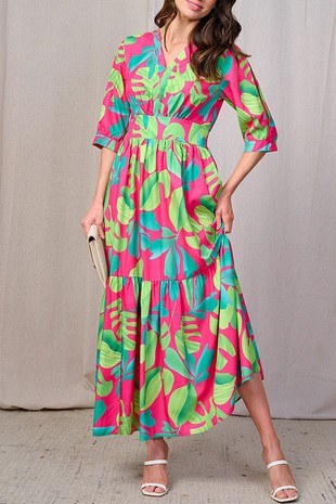 COLD SHOULDER SMOCK WAIST V-NECK LEAF PRINT DRESS