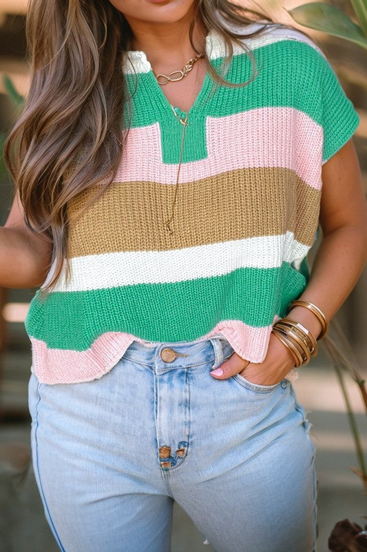 Color Block Notch V Neck Sweater T Shirt