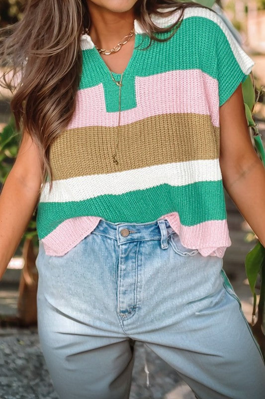 Color Block Notch V Neck Sweater T Shirt