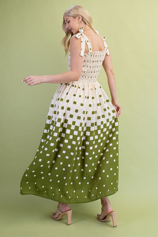 Pixel Print Smocked Bodice Maxi Dress