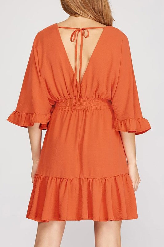Ruffled Dolman Sleeves Elastic Waist Woven Dress