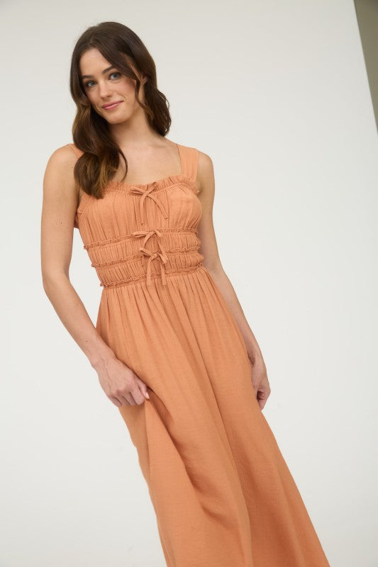 Shirred Front Tie Detail Sleeveless Midi Dress