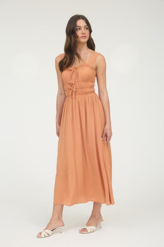 Shirred Front Tie Detail Sleeveless Midi Dress