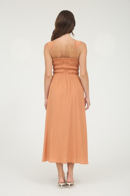Shirred Front Tie Detail Sleeveless Midi Dress
