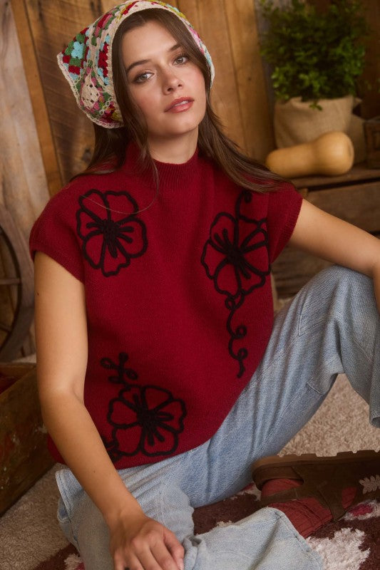 Mock Neck Contrast Floral Trim Knit Sweater