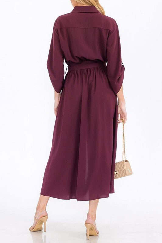 3/4 Sleeves Button Up Self Tie Maxi Dress