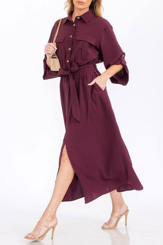 3/4 Sleeves Button Up Self Tie Maxi Dress