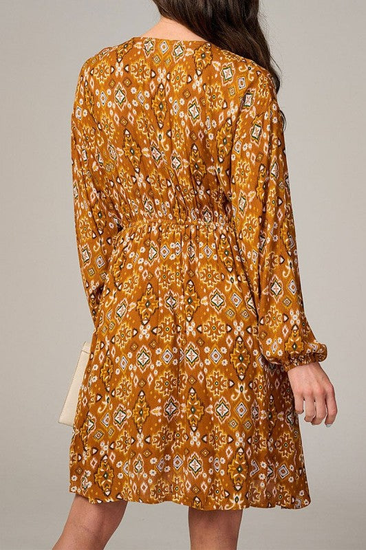 Long Sleeve Elastic Waist V-neck Multi Print Dress