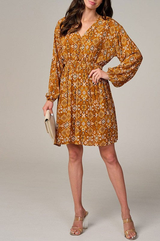 Long Sleeve Elastic Waist V-neck Multi Print Dress