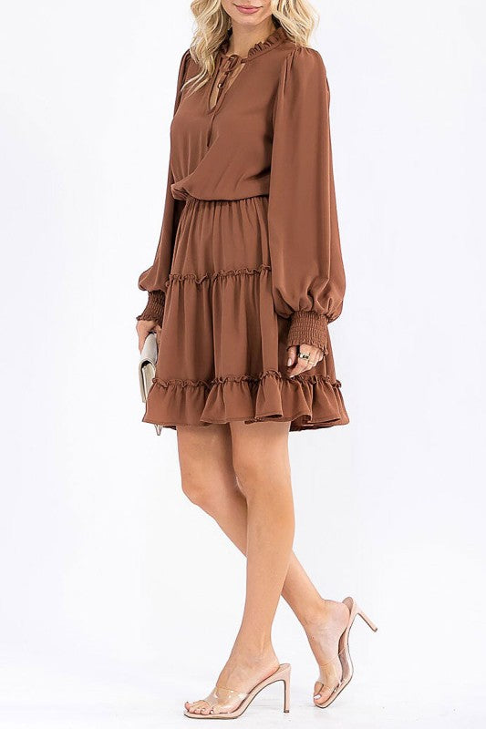 Long Sleeve V-neck Elastic Waist Tiered Mini Dress