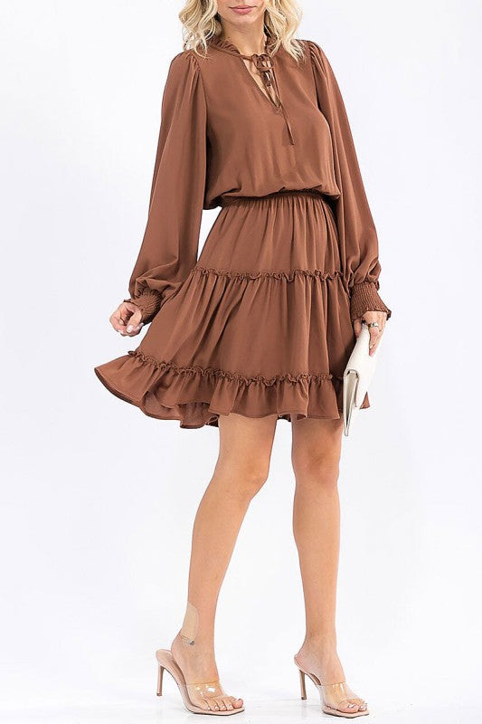 Long Sleeve V-neck Elastic Waist Tiered Mini Dress