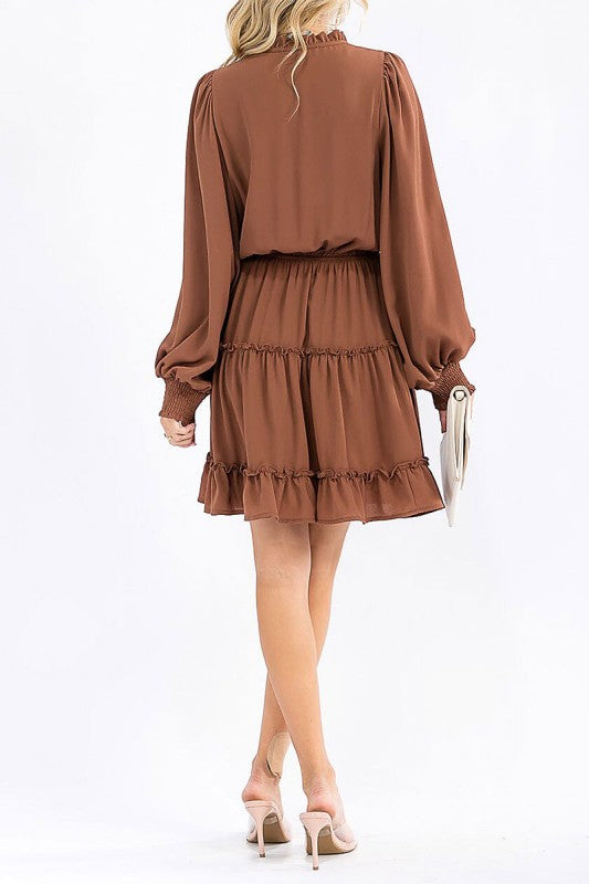 Long Sleeve V-neck Elastic Waist Tiered Mini Dress