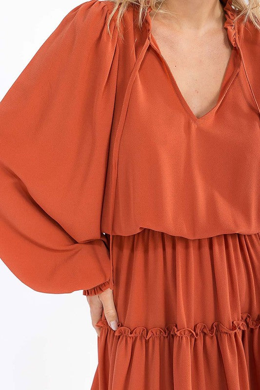 Long Sleeve V-neck Elastic Waist Tiered Mini Dress