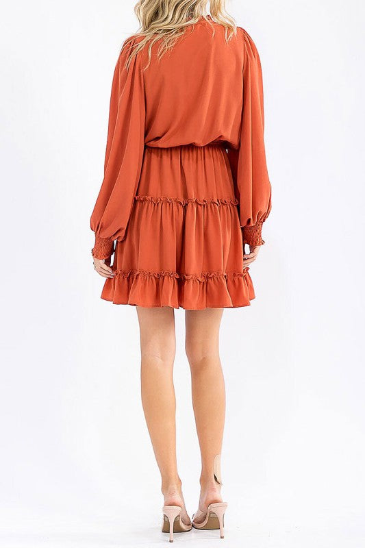 Long Sleeve V-neck Elastic Waist Tiered Mini Dress