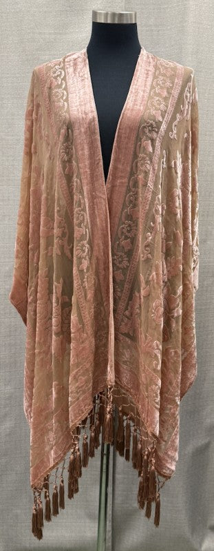 Velvet Burnout Midi Kimono With Tassel Hem