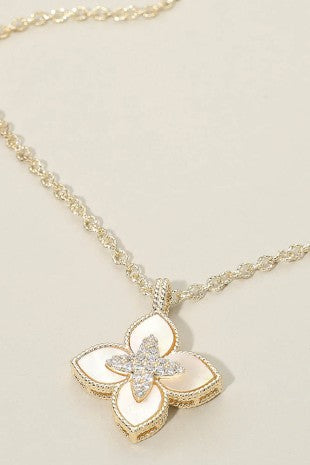 Gold Dipped 14K Gold Plated CZ Stone Paved Center Mother of Pearl Floral Clover Pendant Necklace