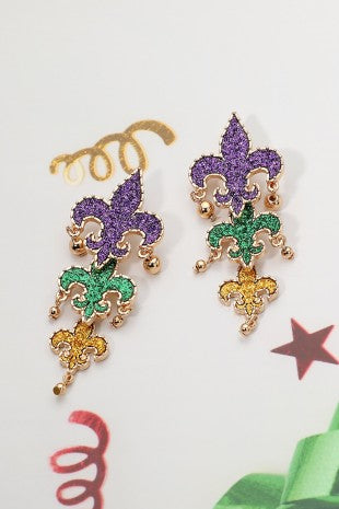 Mardi Gras Glitter Fleur de Lis Drop Earring