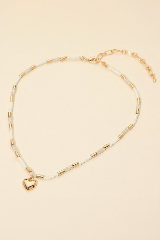Puffy Metal Heart Pendant Beaded Necklace